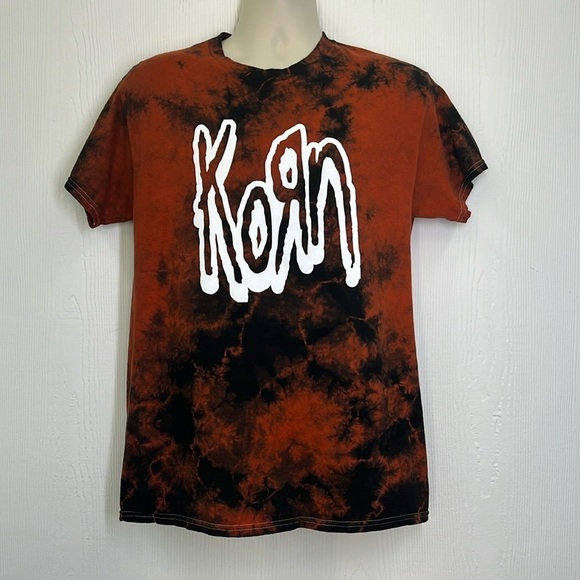 Gildan - Burnt Orange And Black Tye Dye Korn Band Graphic Short Sleeve T Size M - Picture 1 of 9